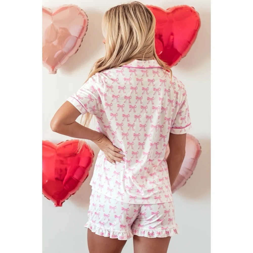 Pink Bow Print Women's Pajama Set - Picture 2 of 3